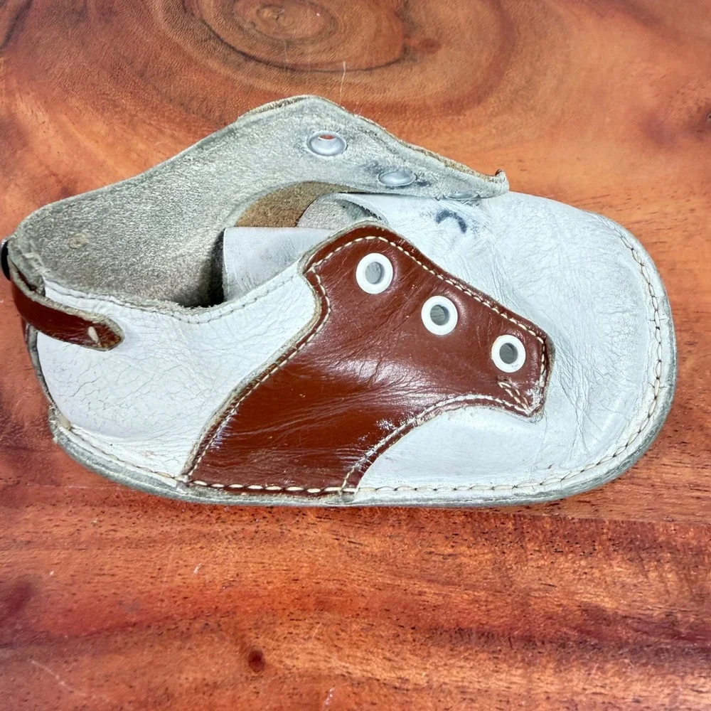 Vintage Leather Baby Saddle Shoes Brown White Buckle Heel Infant EST Sz 2 1950s